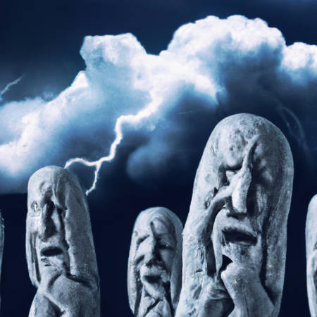 Ein Gruppe von "steinernen Steinzeitmenschen" haben ehrfurchtsvolle Angst vor den Blitzen eines Gewitters.