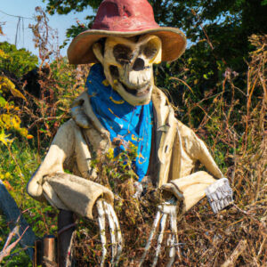 Eine Vogelscheuche mit Hut und Mantel steht an einer Zaunhecke.
