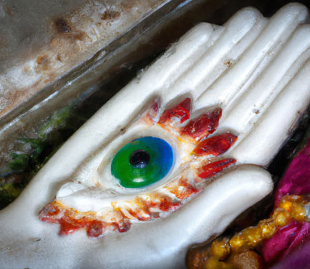 Eine Hand aus Porzellan mit sechs Fingern hat ein Auge in seiner Handfläche.