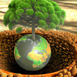 Eine grüne Erde schwebt in einer großen Schale. Aus der Erde wächst ein grüner Baum, der so groß ist wie die Erde.