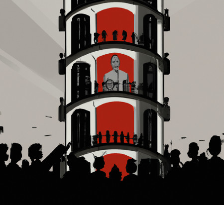 Ein Turm mit mehreren Etagen und einem großen Bildschirm auf dem eine graue männliche Person abgebildet ist. Vor dem Turm stehen Menschen, die zu dem Bildschirm hinaufschauen.