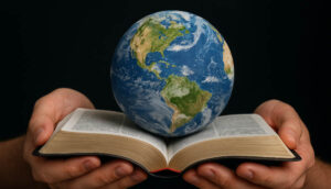 Hände halten eine offene Bibel, auf der einer Erdkugel liegt.