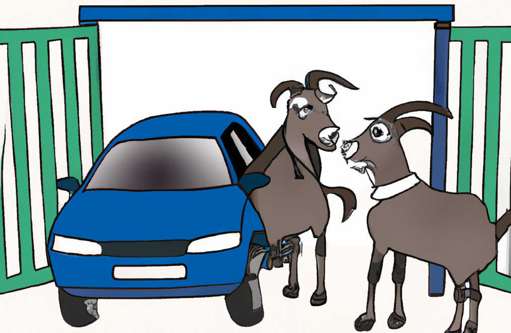 Eine Zeichnung. Zwei Ziegen und ein Auto stehen vor 3 Türen.