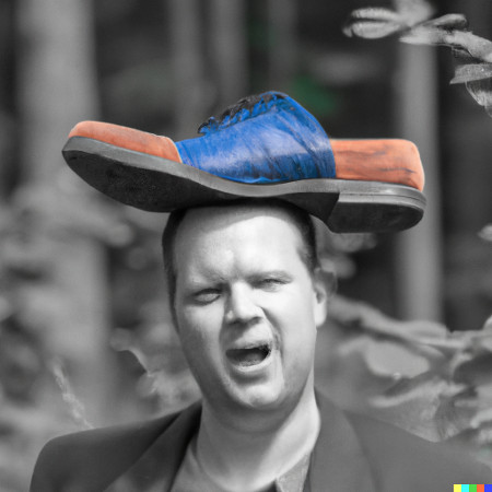 Ein Mann steht an einem Waldrand und trägt ein Schuh auf seinem Kopf.