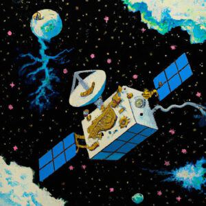 Ein gezeichneter Satellit mit Solarpanel.