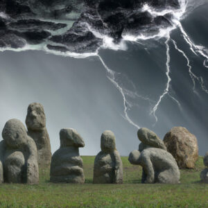 Eine Gruppe von Steinskulpturen steht auf einer grünen Wiese. Über ihren zucken Blitze über den Himmel.