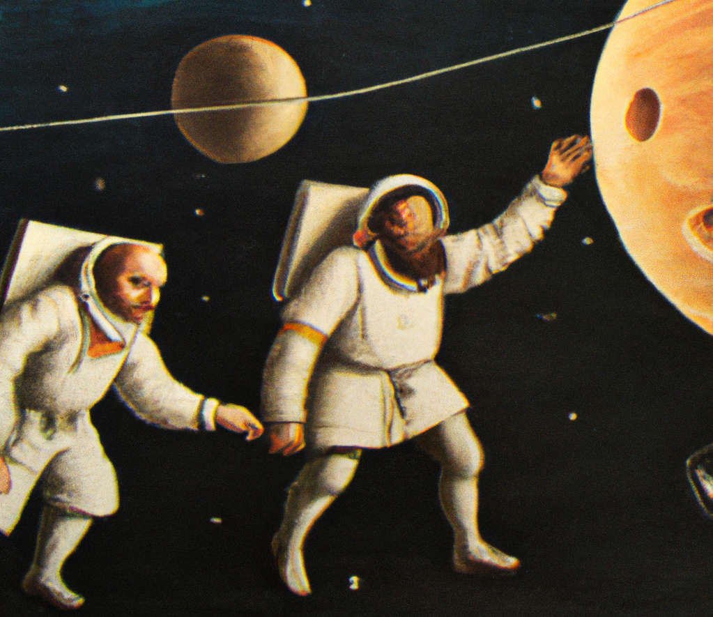 Zwei mittelalterlich gekleidete Menschen spazieren durch das All zum Mond.