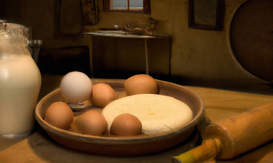 Eier, Milch und Käse auf einem bäuerlichen Tisch.