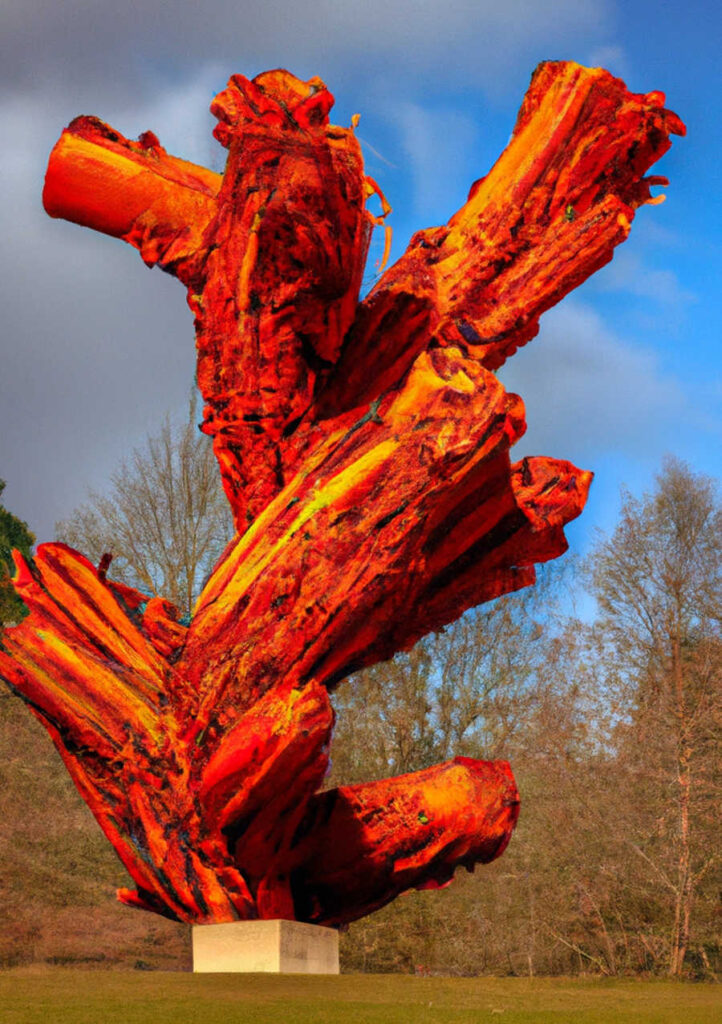 Auf einer Wiese steht ein rotes Gebilde, ähnlich einem Baumstamm mit dicken Ästen ohne Zweige.
