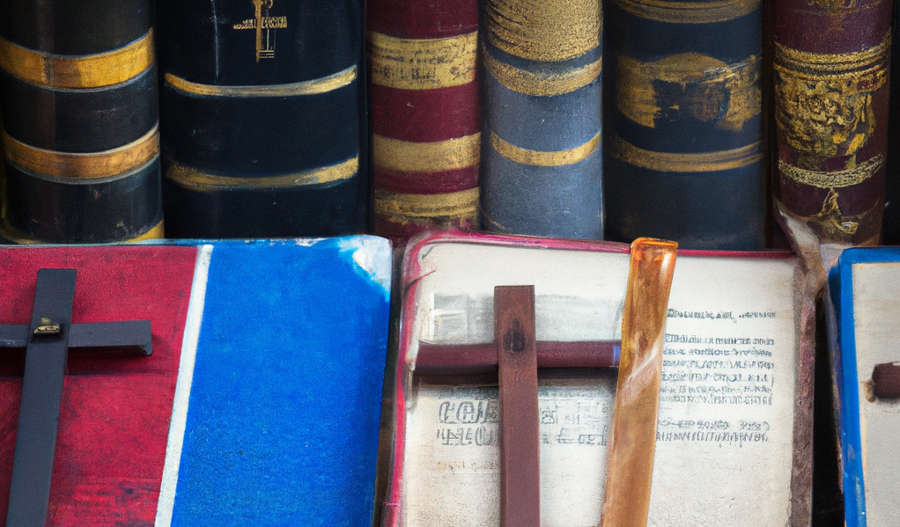 Antiquarische Bücher und zwei christliche Kreuze.