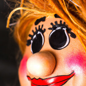 Das Gesicht einer Puppe, ähnlich wie Miss Piggy.