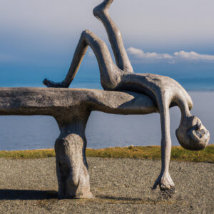 Eine liegende Figur aus Stein ruht kopfüber auf einer surreal geformten Bank, mit Blick auf das weite Meer im Hintergrund.