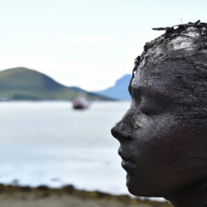 Dunkle Figurenskulptur eines Gesichts mit geschlossenen Augen, wirkt ruhig und meditativ, vor unscharfer Küstenlandschaft im Hintergrund.