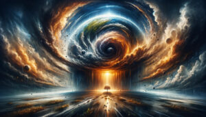 Kosmisches Wirbelbild mit einem schwarzen Loch über einem einsamen Baum in einer surrealen Landschaft unter dramatisch leuchtendem Himmel.