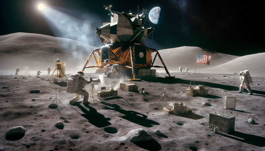 Scene einer Mondlandung mit Astronauten und Landemodul.