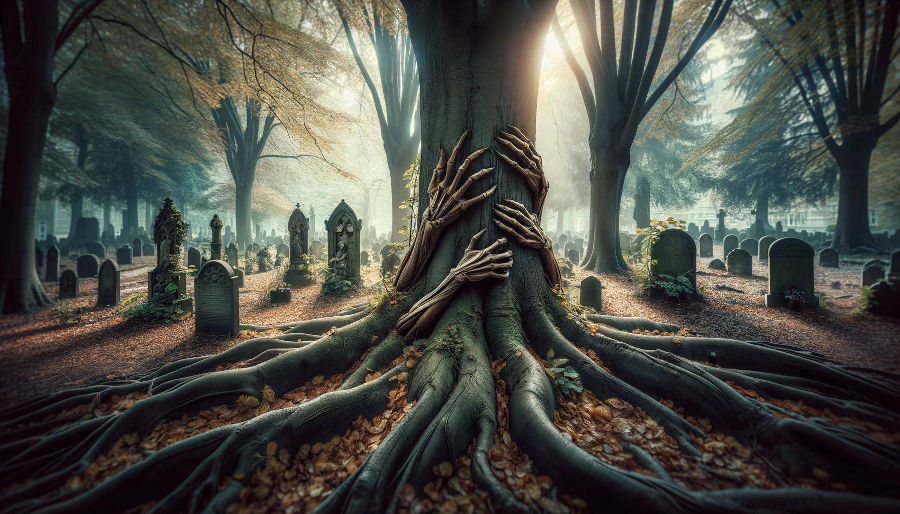 Ein Friedhof mir vielen Gräbern. Ein großer Baum in der Mitte, aus dem mumifizierte Hände herauswachsen.