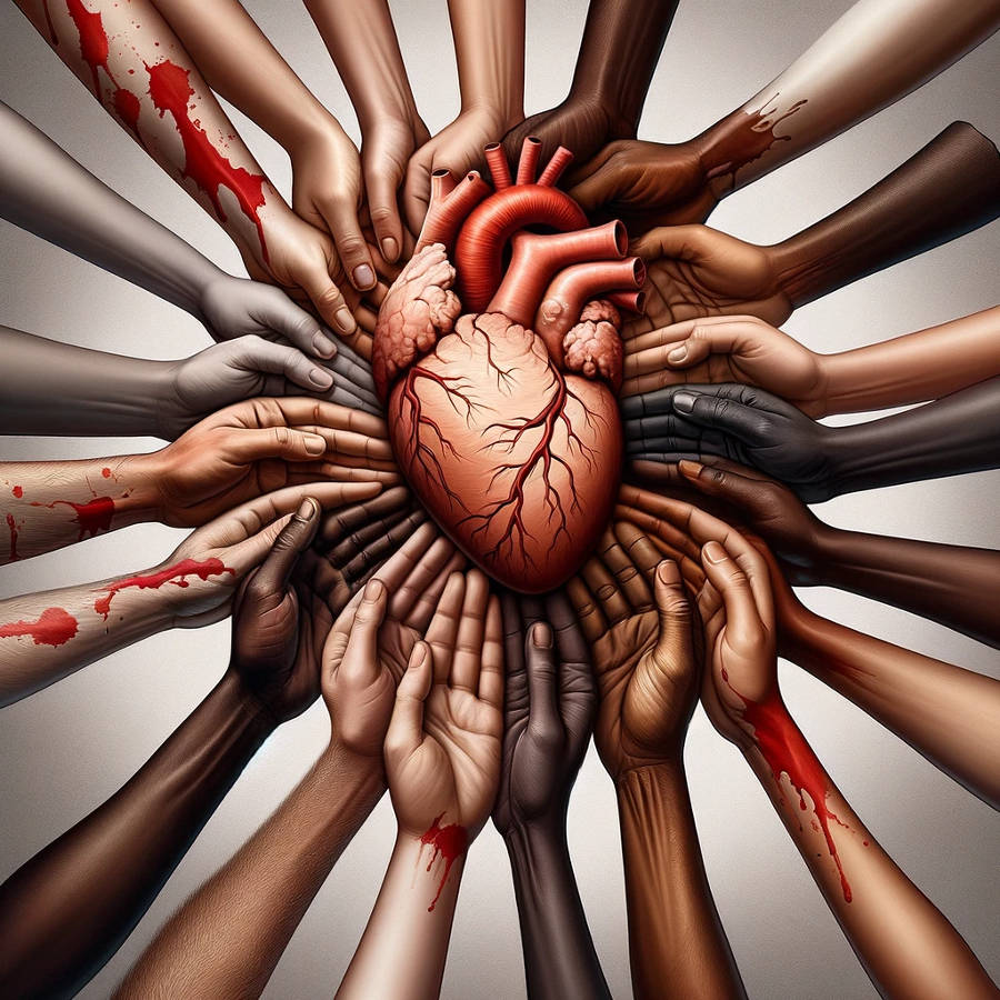 Ein Kreis aus Händen unterschiedlicher Hautfarben, die in der Mitte ein menschliches Herz halten.