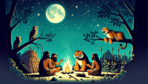 Comicartige Szene mit Steinzeitmenschen und Tieren um ein Lagerfeuer unter klarem Nachthimmel mit Vollmond.