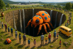 Ein 50 Meter großes pelziges Marienkäfer-Monster krabbelt aus einem tiefen Loch im Erdboden. Leute stehen herum und staunen. In der Nähe ist ein Flughafen.