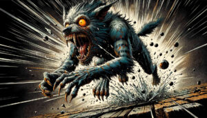 Ein wolfsähnliches Monster durchbricht eine Mauer und springt mit weit aufgerissen Augen und Mund davon.