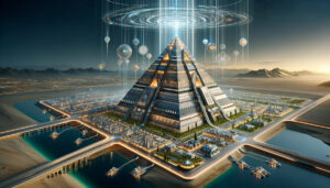 Gigantische futuristische Pyramide in einer Wüstenstadt mit Wasserkanälen und schwebenden Energieobjekten, überragt von kreisförmigen Strahlen in den Himmel.