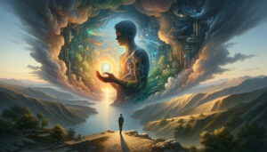 Ein Mensch steht auf einem Bergpfad und blickt auf eine gigantische, leuchtende Gestalt, die aus einer surrealen Mischung aus Natur und Technologie besteht; die Figur hält eine schimmernde Kugel in der Hand, eingebettet in eine Traumlandschaft aus Wolken und Licht.