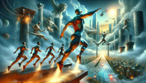 Eine futuristische Landschaft, versetzt mit antiken Elementen wie Marmorsäulen. Sportler in einer heroischen Pose.