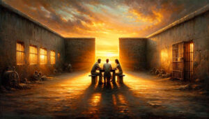 Drei Menschen sitzen in der Ruine eines Gefängnisses an einem Tisch. Der Tag bricht gerade an und die ersten Sonnenstrahlen beleuchten die Szene.