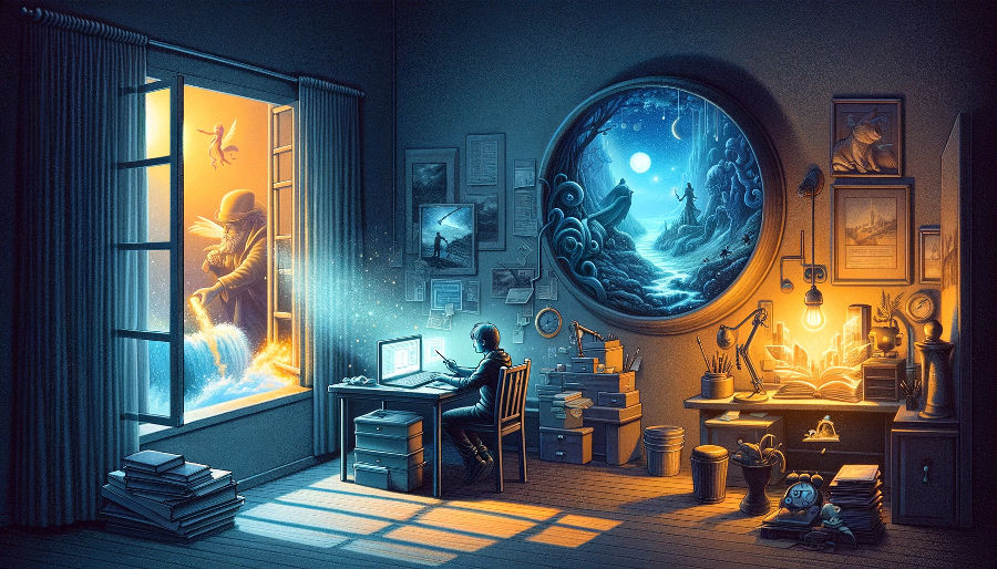 In einem Zimmer sitzt ein junger Mann an einem Computer und taucht in seine Fantasiewelt ein.
