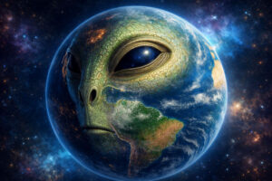 Die Erde im Weltall mit einem Alien-Reptiliengesicht.