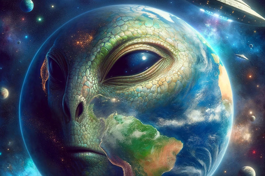Die Erde im Weltall mit einem Reptiliengesicht und UFOS drumrum.