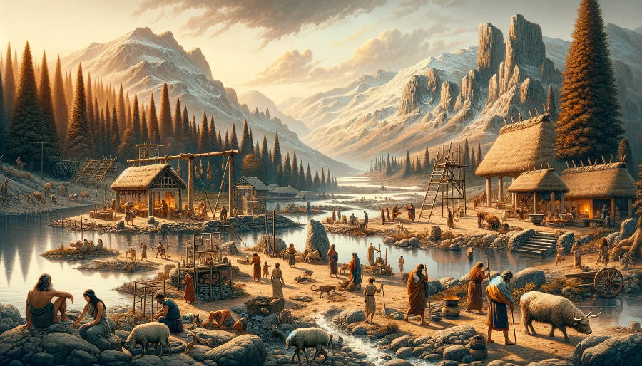Szene einer Siedlung vor 3000 Jahren an einem Fluss mit Hütten, Menschen und Tieren.