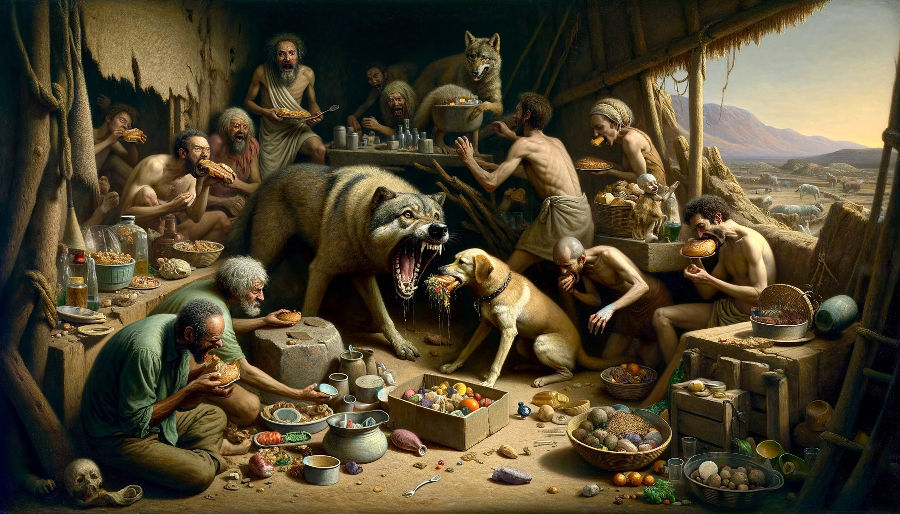 Menschen und Tiere sitzen in einer Höhle und schlingen gierig ihr Essen herunter.
