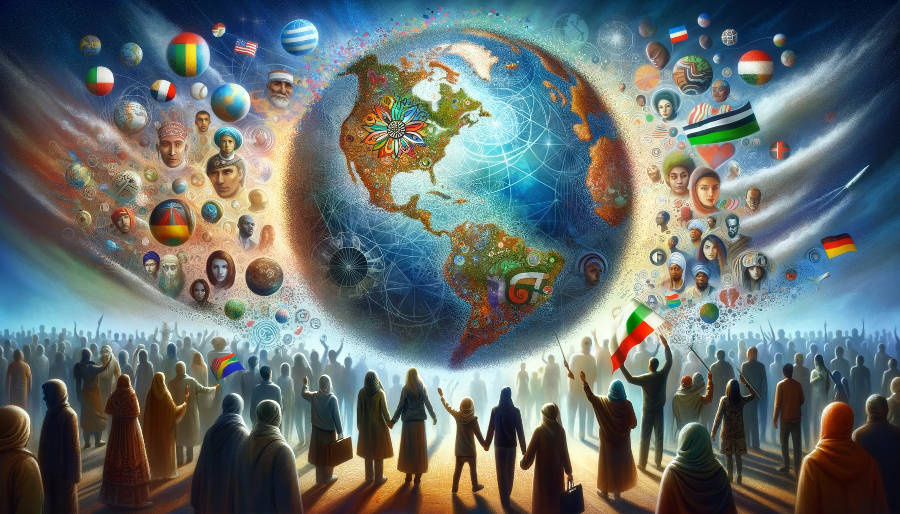 Der Planet Erde, umgeben von vielen Gesichtern und jubelnde Menschen aller Nationen.