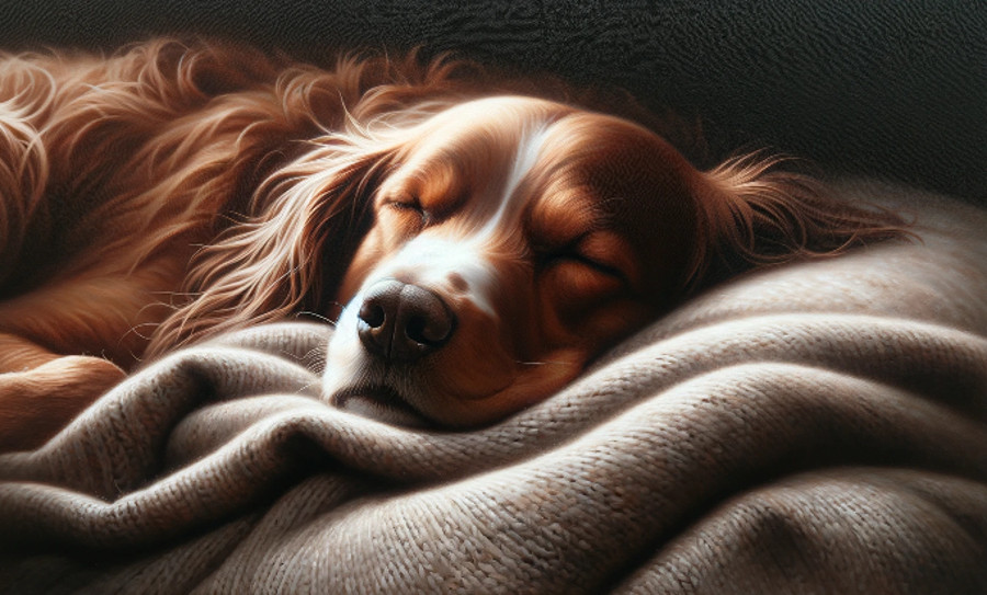 Ein Hund, der auf einer Decke liegt und genüsslich zu träumen scheint.