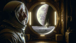 Ein Astronaut in einem Raumanzug in einer Raumkapsel. Durch das Fenster kann man den Mond sehen.