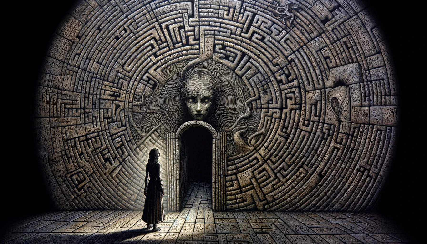Eine Frau steht vor einer steinernen Wand, .in der Mitte eine dunkler Eingang