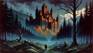 Ein fantastisches Schloss, das von der untergehenden Sonne angestrahlt wird. Davor steht ein Mann, der zum Schloss hinaufblickt.