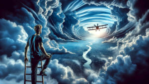Ein junger Mann steht auf einer Leiter, die bis in die Wolken reicht. Ein Doppeldecker kommt im entgegengeflogen.