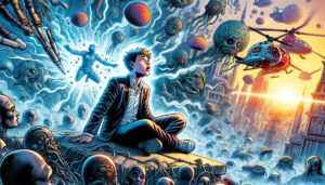 Ein Junge sitzt im Schneidersitz auf einer Kiste und staunt. Er ist umringt von einer Anzahl Monster, fliegenden Gehirnen und Ähnlichem.