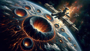 Die Erde, mit vielen riesigen Kratern bedeckt. Überall bricht Lava hervor. Über der Erde schwebt eine riesige Raumstation