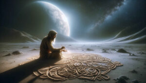 Ein Mann sitzt im Schneidersitz in einer wüstenähnlichen Gegend und zeichnet Figuren und Symbole in den Sand. Über dem Horizont steht ein riesiger aufgehender Mond.