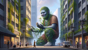 Auf einer Straße steht ein 15 Meter großer Riese. Er lächelt und hält eine Rankenpflanze in der Hand, die ihn zum Teil überwuchert. Ein paar Leute stehen vor ihm.