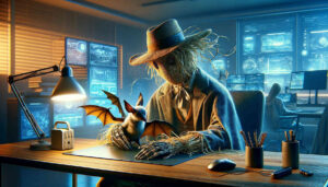 In einem Büro an einem Schreibtisch sitzt eine lebendige Vogelscheuche und hält eine Fledermaus fürsorglich in ihren Händen.