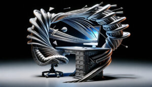 Ein Schreibtisch mit Stuhl, abstrakt durch dicke Stränge miteinander verschmolzen.