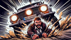 Ein Mann liegt auf dem Boden und wird von einem Auto überfahren. Doch das macht ihm nichts aus.