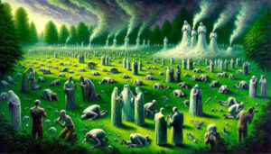 Auf einer großen grünen Wiese stehen Menschen in weißen Gewändern in Gruppen oder einzeln herum oder werfen sich in einer Unterwerfungsgeste auf den Boden. Zwischen den Leuten liegen Skelette im Gras.