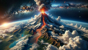 Ein riesiger Vulkankegel, der aus der Atmosphäre heraus ragt und Lava spuckt.