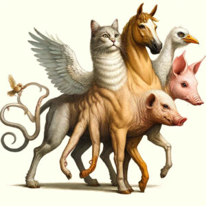 Eine Verschmelzung von Katze, Pferd, Schwein und Vogel.