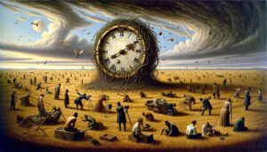 Ein Mann steht in einem geheimnisvollen Raum voller alter Wanduhren, Spiegel und Zeitanzeigen. Überall auf dem Holzboden liegen schwarze, dornige Kugeln. In einem großen goldenen Spiegel sieht man unendlich viele Spiegelungen des Mannes, der in eine hell erleuchtete Welt voller Tore blickt. An der Wand hängt ein wirrer englischer Satz in gelber Schrift. Die Szene wirkt surreal, introspektiv und träumerisch.